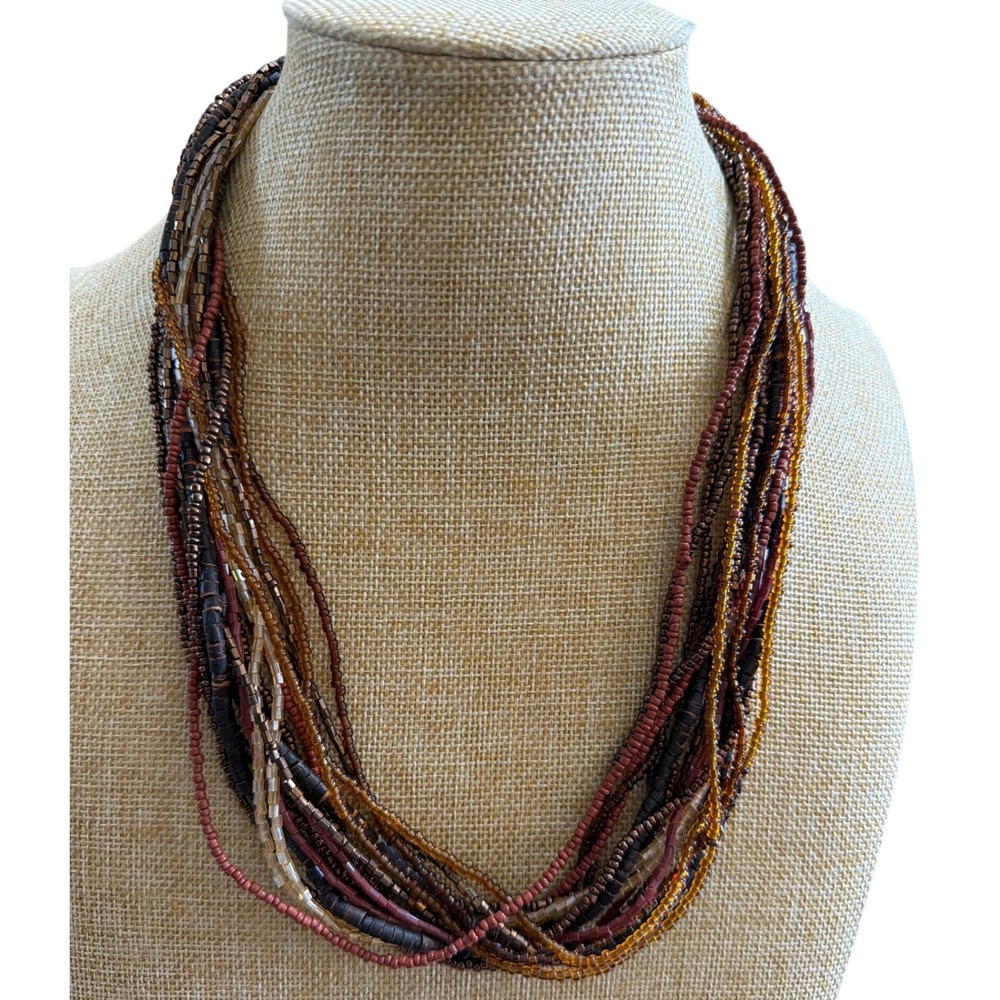 Coldwater Creek Multi Strand Seed Bead Necklace Earthy Bronze Copper Statement